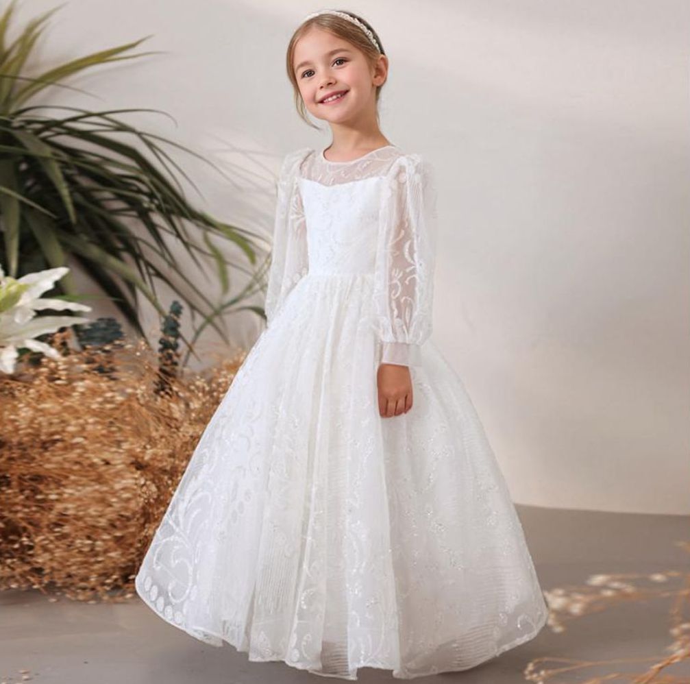 Round Neck Floor Length Long Sleeves Flower Girl Party Lace Dresses White