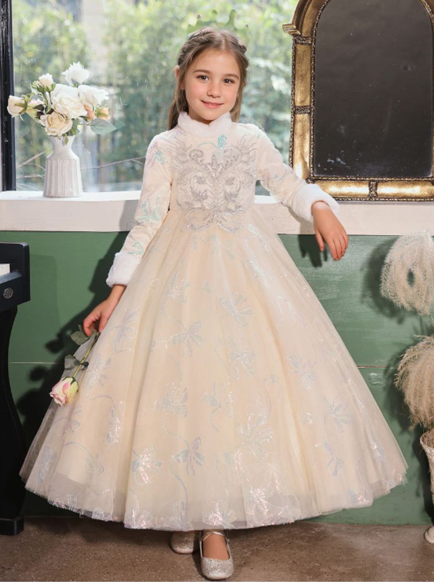 Long Sleeves Winter High Neck A-Line/Princess Embroidery Girl Party Dress Full Long Champagne