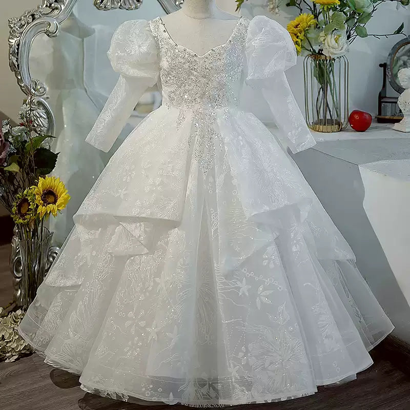 Sweetheart Long Sleeves Ball Gown Flower Girl Party Lace Dress with Crystal Appliques White