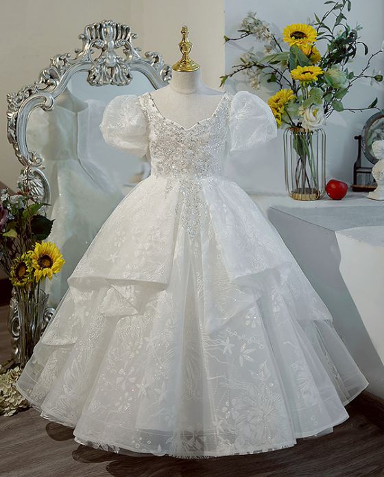 Ball Gown Short Sleeves Sweetheart Flower Girl Lace Party Dress with Crystal Appliques White