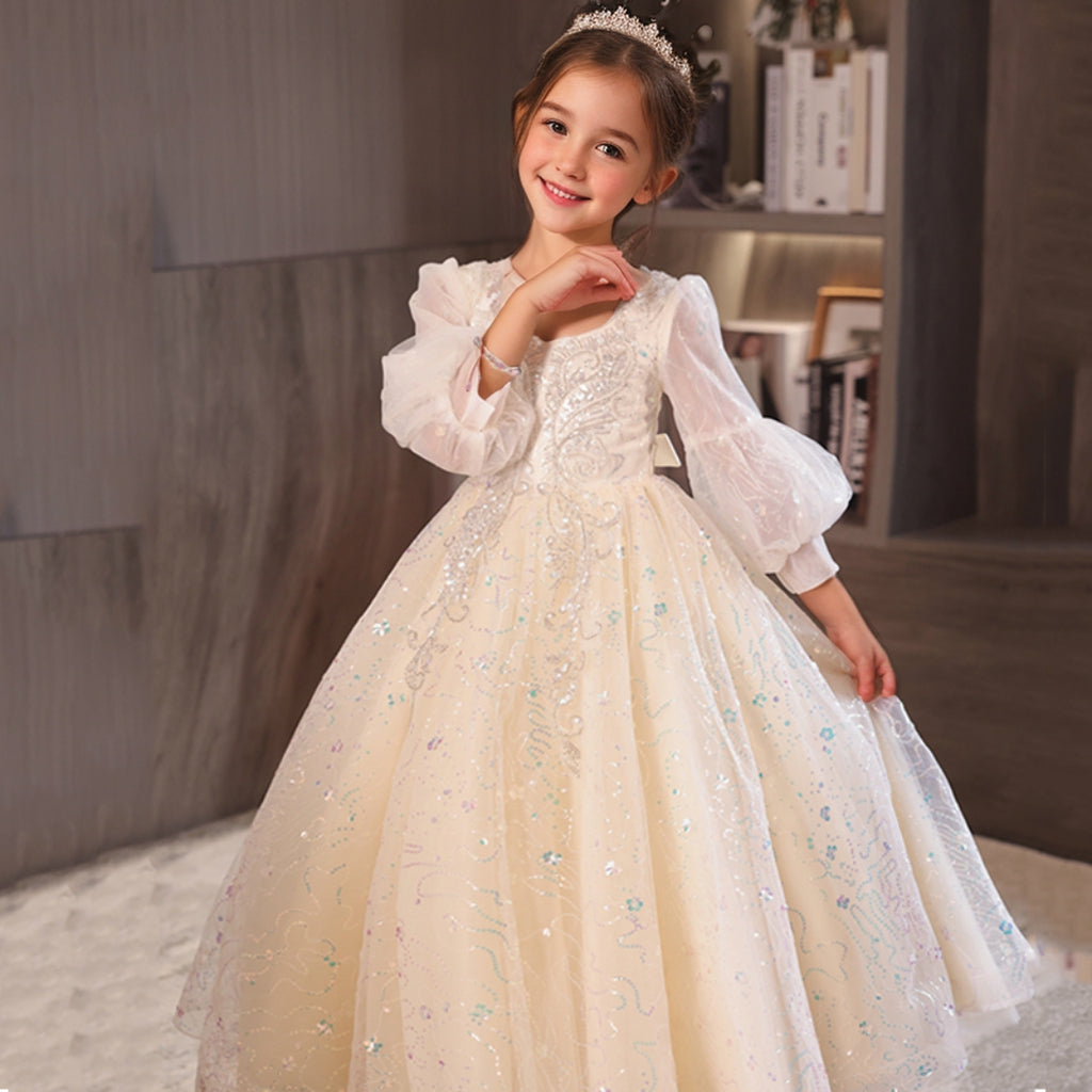 3/4 Sleeves Round Neck A-Line/Princess Lace Girl Party Dress with Rhinestone Appliques Champagne