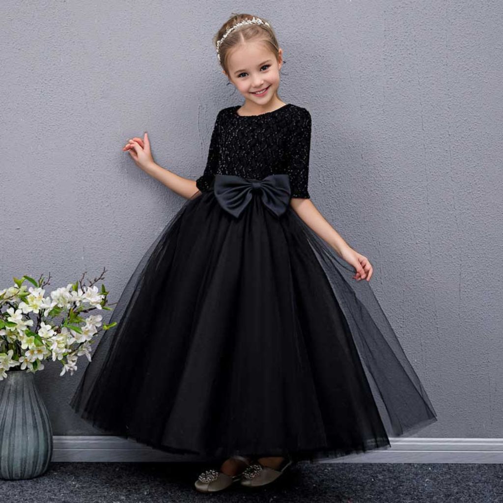 Floor Length Half Sleeves Round Neck A-Line/Princess Girl Party Dress with Bow Black