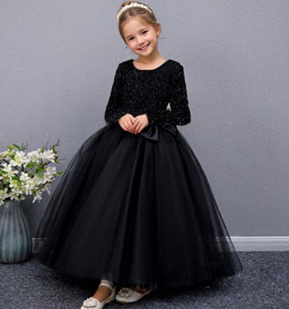 Long Sleeves Floor Length  Round Neck A-Line/Princess Girl Party Dress with Bow Black