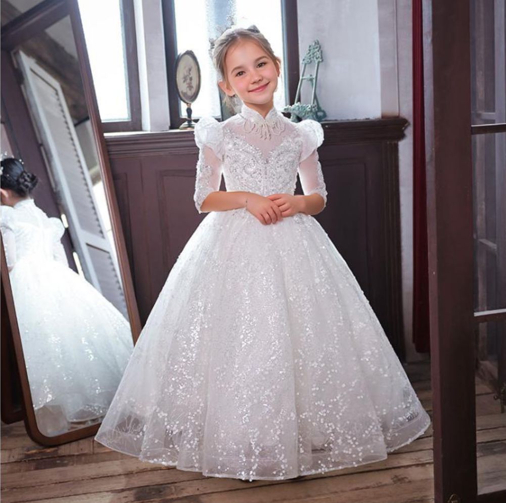 A-Line/Princess 3/4 Sleeves Flower Girl Lace Party Dress with Rhinestone Appliques White
