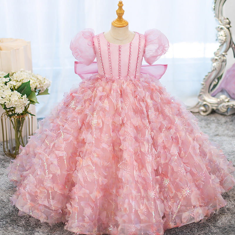 Ball Gown Short Sleeves Princess Girl Party Dresses with Rhinestone Flowers & Bow Pink