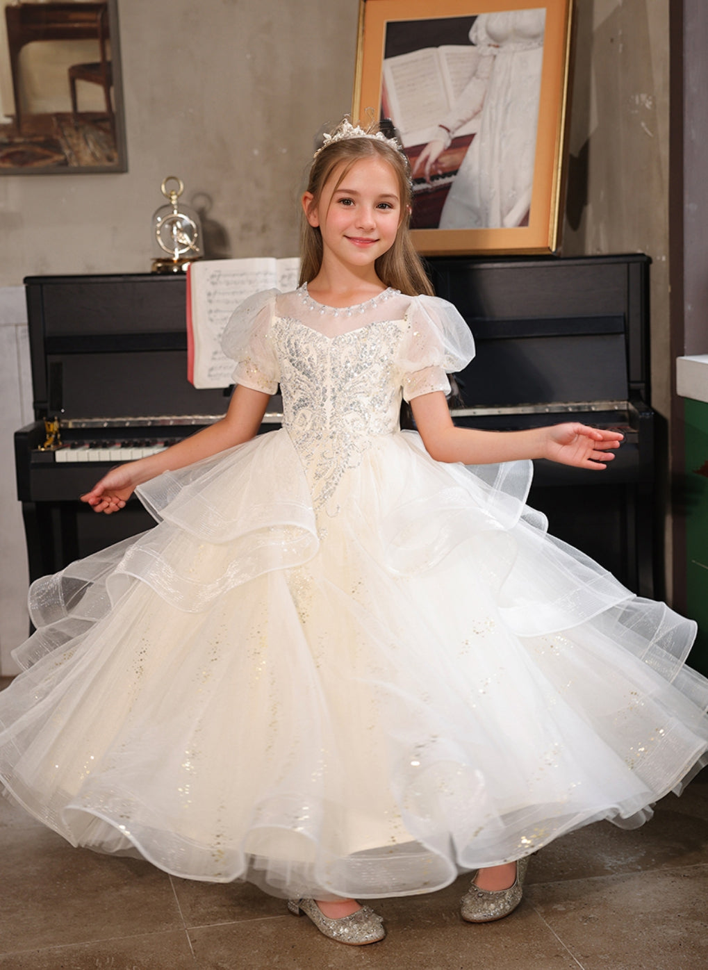 Short Sleeves A-Line/Princess Flower Girl Party Dress with Rhinestone Appliques Ivory