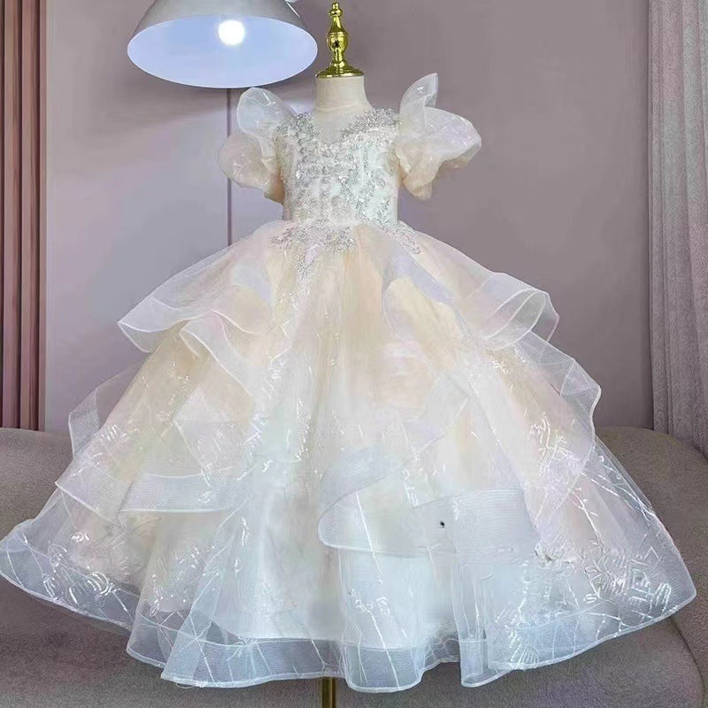 Short Sleeves A-Line/Princess Flower Girl Party Dress with Rhinestone Appliques Champagne