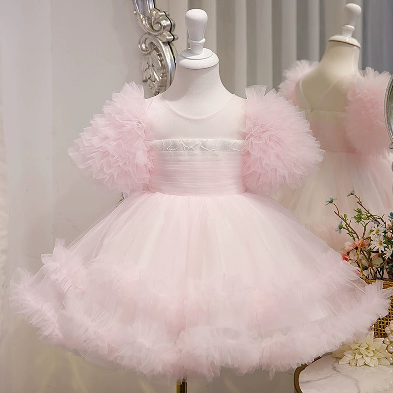 Knee Length Ruffled Tulle Short Sleeves A-Line/Princess Baby Girl Party Dress Pink