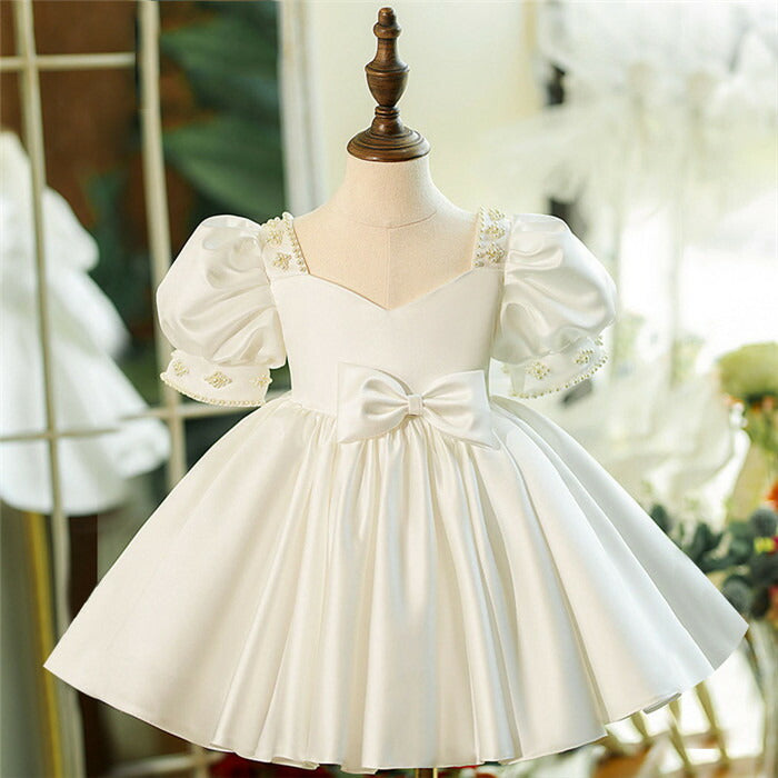 Beaded Short Sleeves Knee Length Square Neck Baby Flower Girl Dress with Bow White
