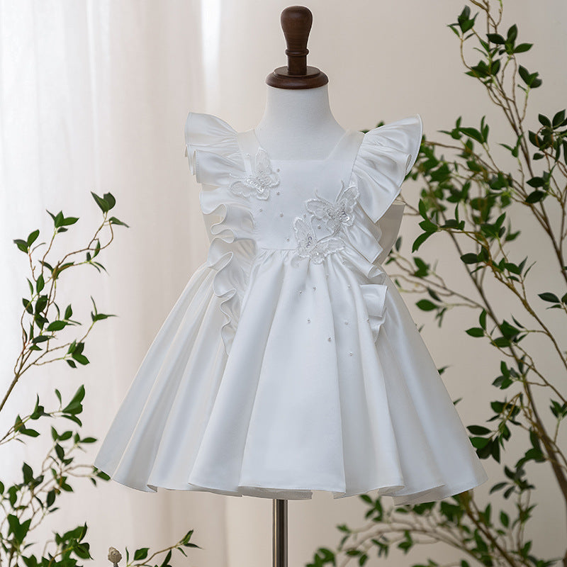 Knee Length Ruffled Sleeves Square Neck Baby Flower Girl Dresses with Bow White