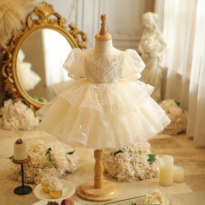 Short Sleeves A-Line/Princess Lace Baby Girl Dress with Beading Appliques & Bow Champagne