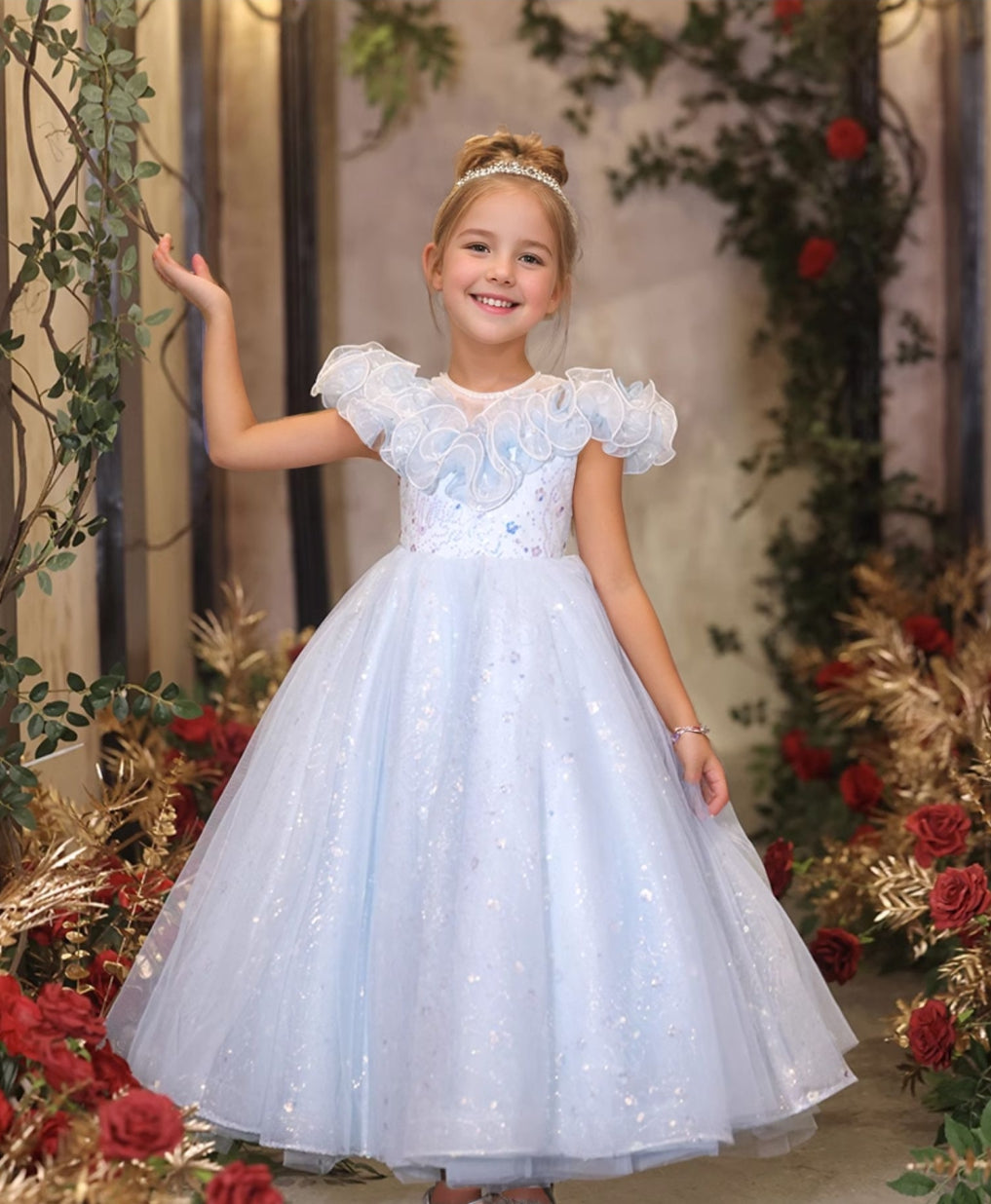 A-Line/Princess Short Sleeves Ruffled Flower Girl Party Dresses with Rhinestones Blue