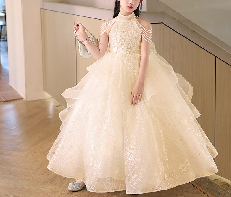 Ball Gown Halter Floor Length Girl Party Dresses with Beading Flower Appliques Champagne