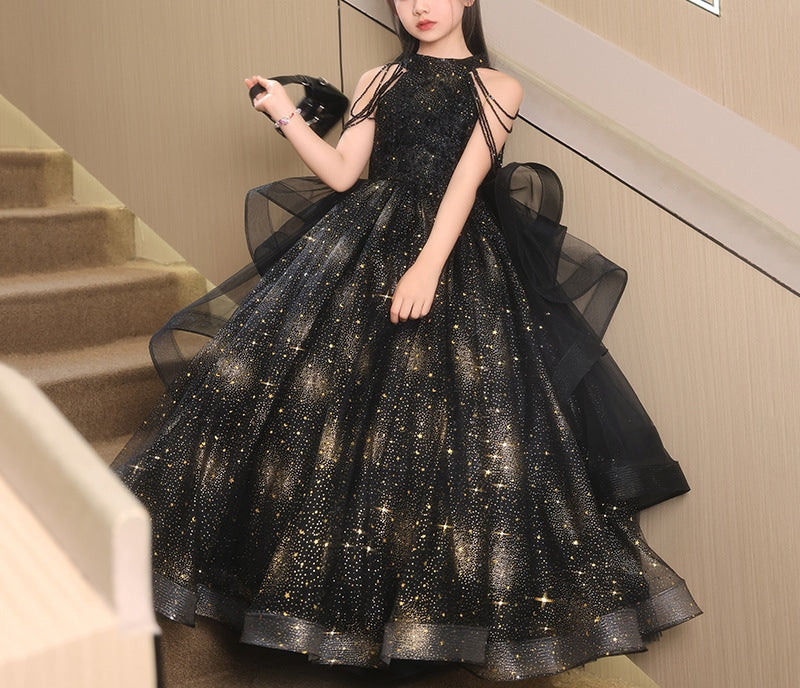 Ball Gown Halter Floor Length Girl Party Dresses with Beading Flower Appliques Black