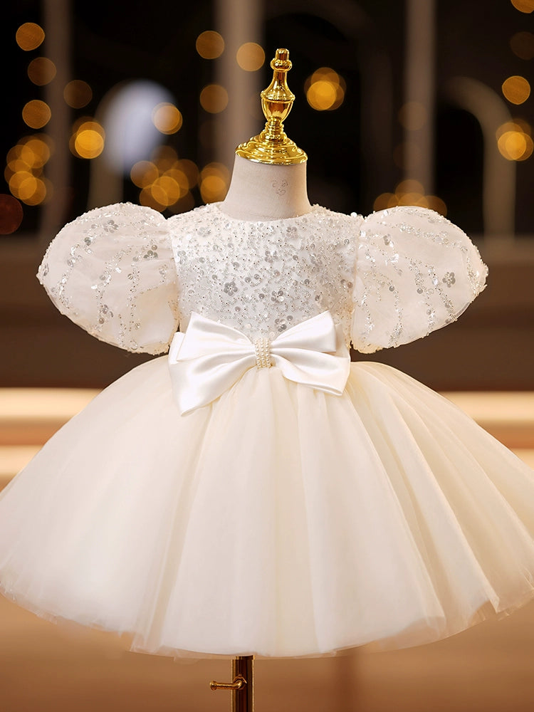 A-Line/Princess Short Sleeves Knee-Length Baby Girl Dresses with Bow Champagne