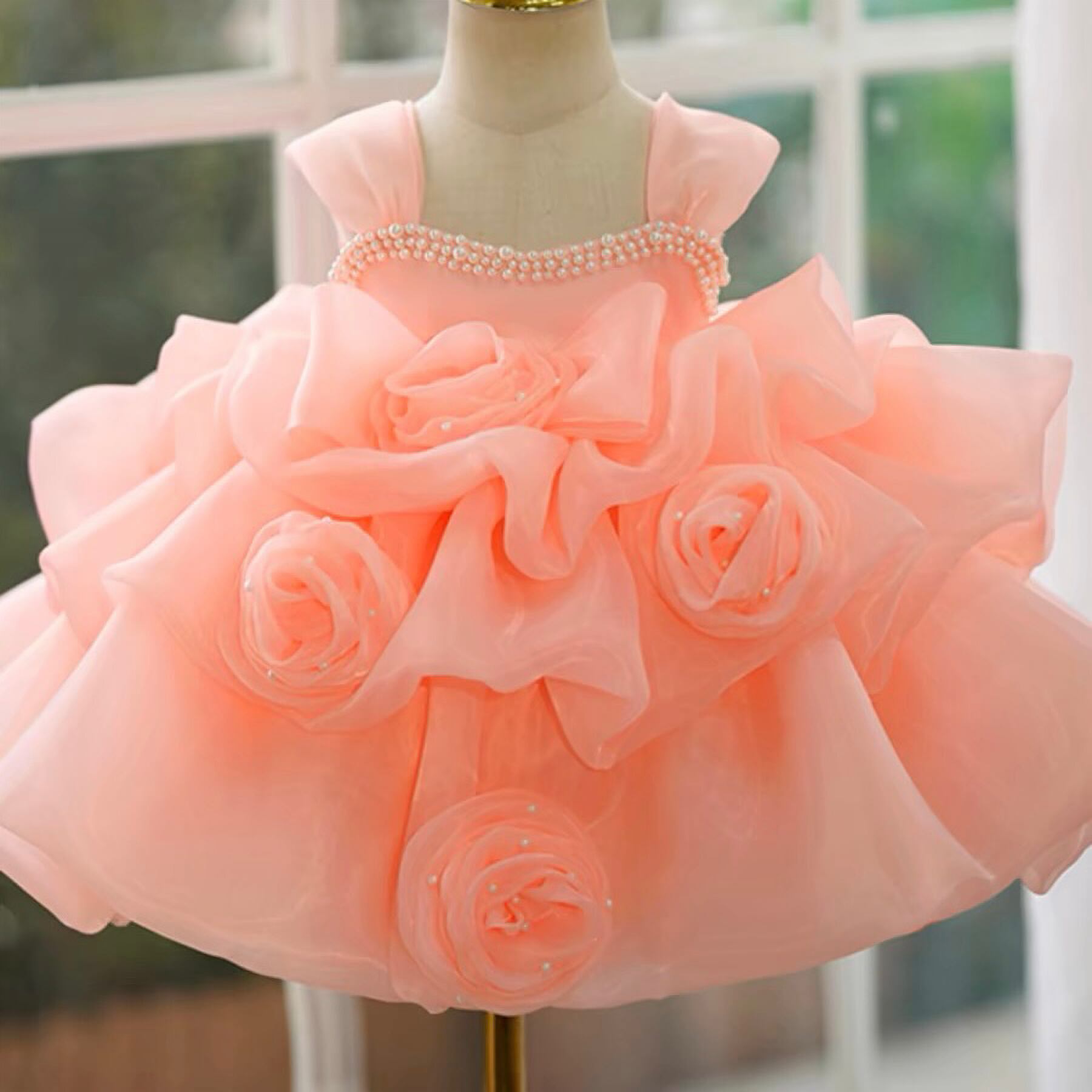Ball Gown Sleeveless Knee-Length Baby Girl Party Dress with Ruched Flowers Pink
