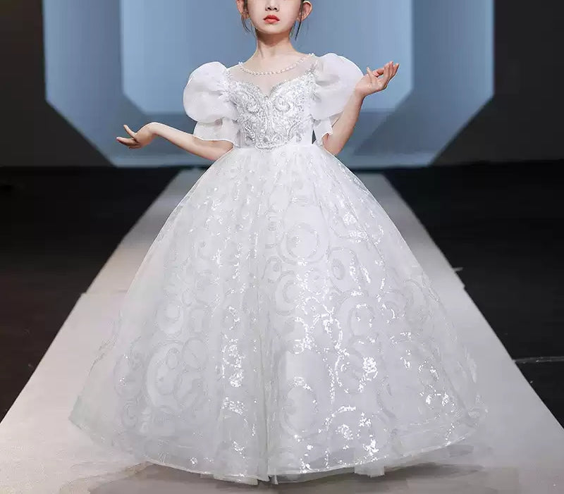 Ball Gown Beaded Round Neck Short Sleeves Flower Girl Dress with Crystal Appliques White
