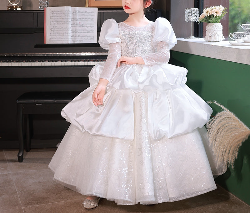 Ball Gown Long Sleeves Ruched Flower Girl Lace Party Dress with Crystal Appliques White