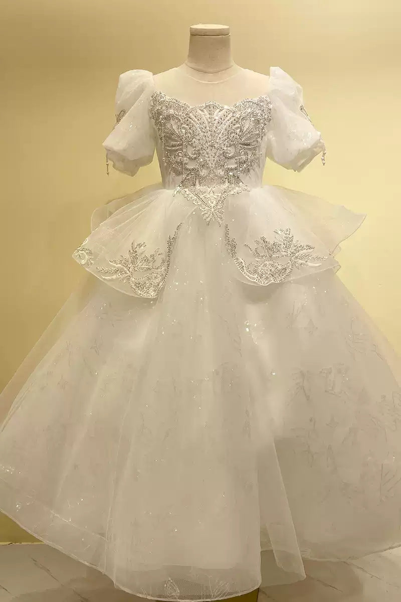 A-Line/Princess Short Sleeves Flower Girl Party Dresses with Rhinestone Appliques White