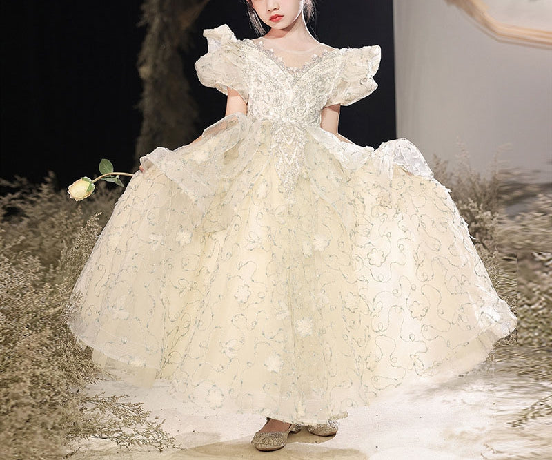 A-Line/Princess Short Sleeves Flower Girl Party Dress with Rhinestone Appliques Champagne