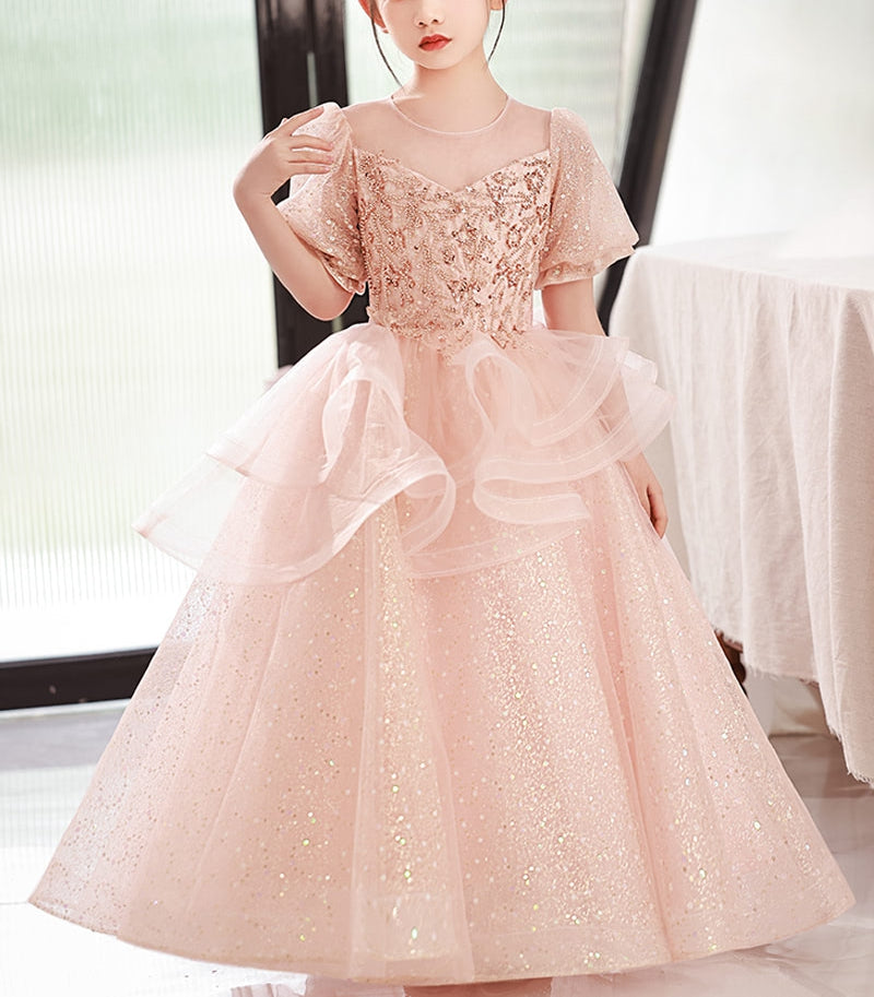 A-Line/Princess Round Neck Short Sleeves Flower Girl Party Dress with Crystal Appliques Pink