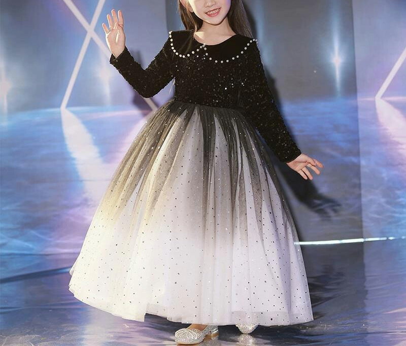 Beading Lapel Long Sleeves Princess Flower Girl Party Dress with Crystals Black