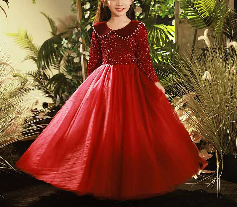 Beading Lapel Long Sleeves Princess Flower Girl Party Dress with Crystals Red