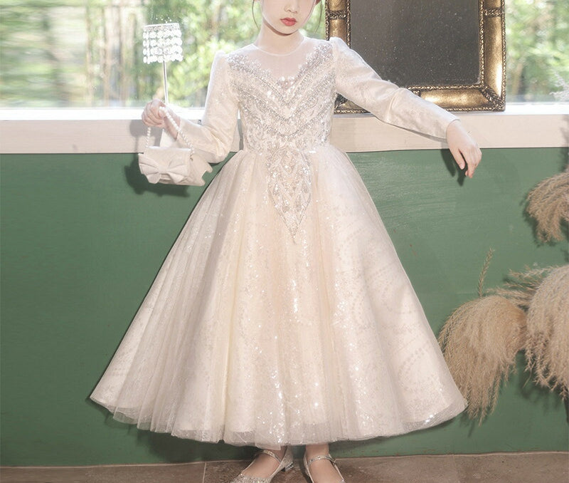 Ball Gown Round Neck Long Sleeves Flower Girl Dresses with Rhinestone Appliques Champagne