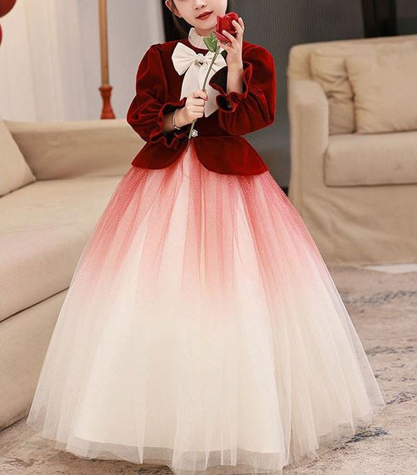 A-Line/Princess High Neck Long Sleeves Flower Girl Dresses with Bowknot Red