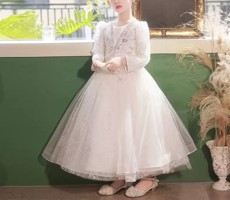Ball Gown Round Neck Long Sleeves Flower Girl Lace Dress with Crystal Appliques White