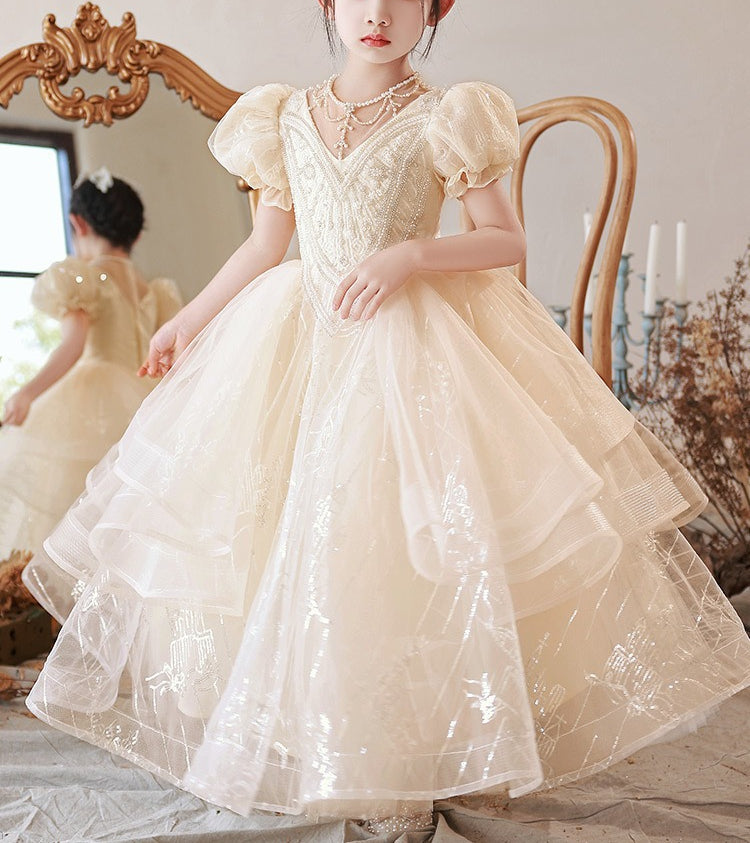 Ball Gown Beading Round Neck Short Sleeves Flower Girl Lace Dress with Rhinestones Champagne