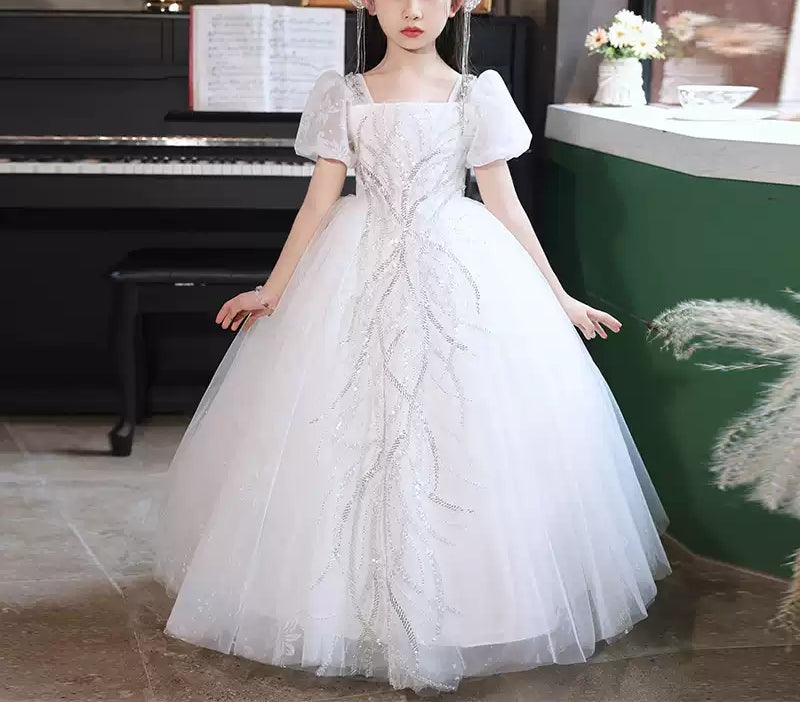 Ball Gown Square Neck Short Sleeves Flower Girl Dress with Rhinestone Appliques White