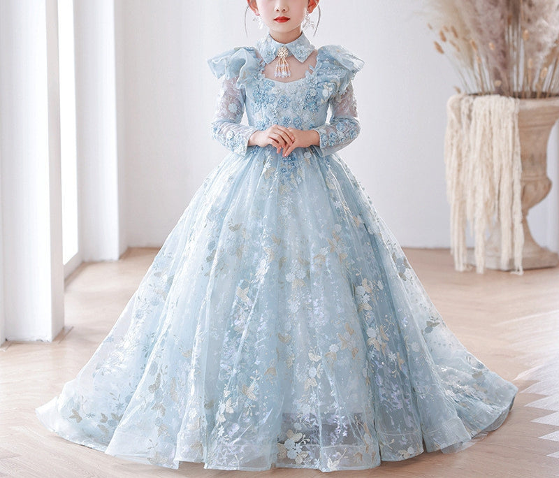 A-Line/Princess Long Sleeves Lace Girl Party Dress with Appliques & Train Blue