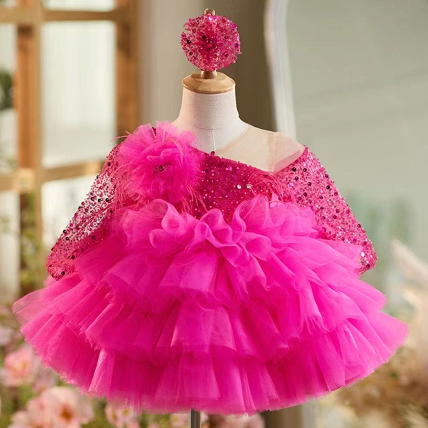 Ball Gown Long Sleeves Knee-Length Layered Baby Girl Party Dress with Flower & Feathers Fuchsia