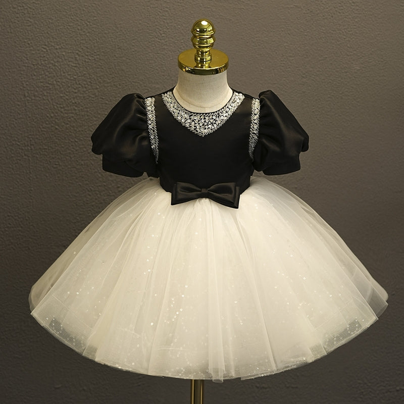 Ball Gown Short Sleeves Knee-Length Baby Girl Party Dress with Bow & Rhinestones Black