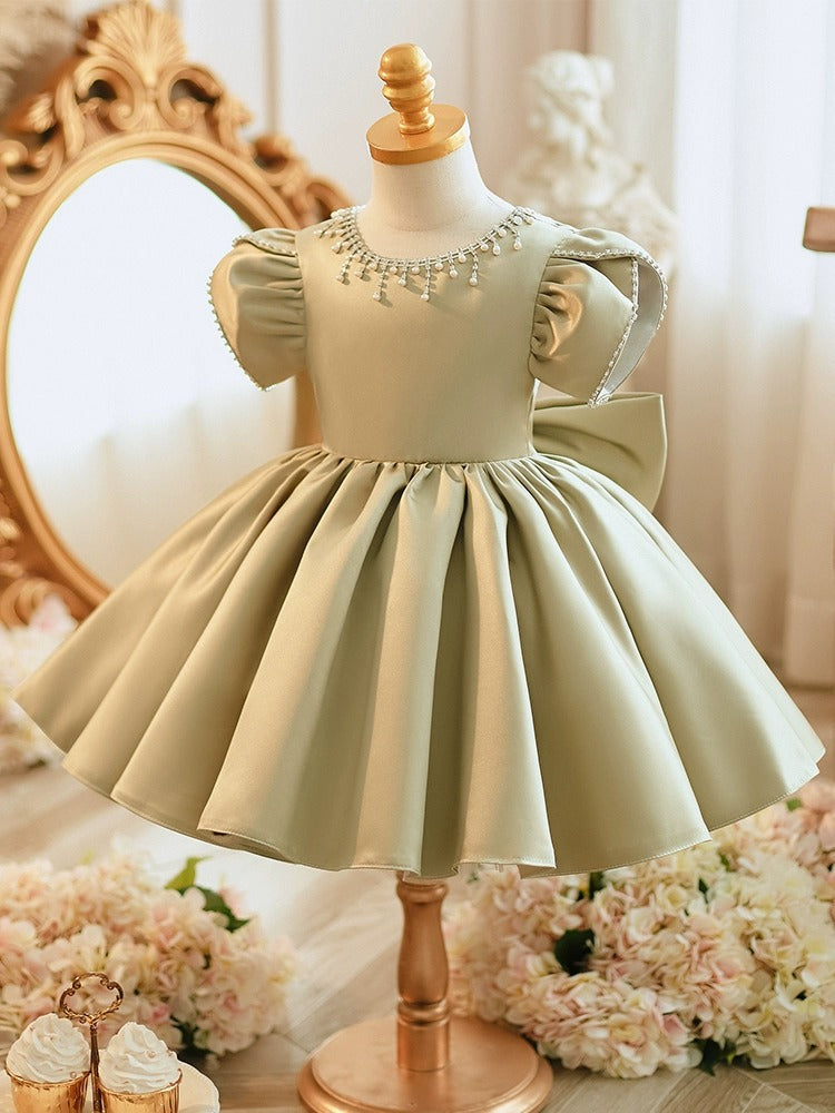 Beaded Round Neck Short Sleeves Knee-Length Baby Girl Party Dress with Bow Bean Green