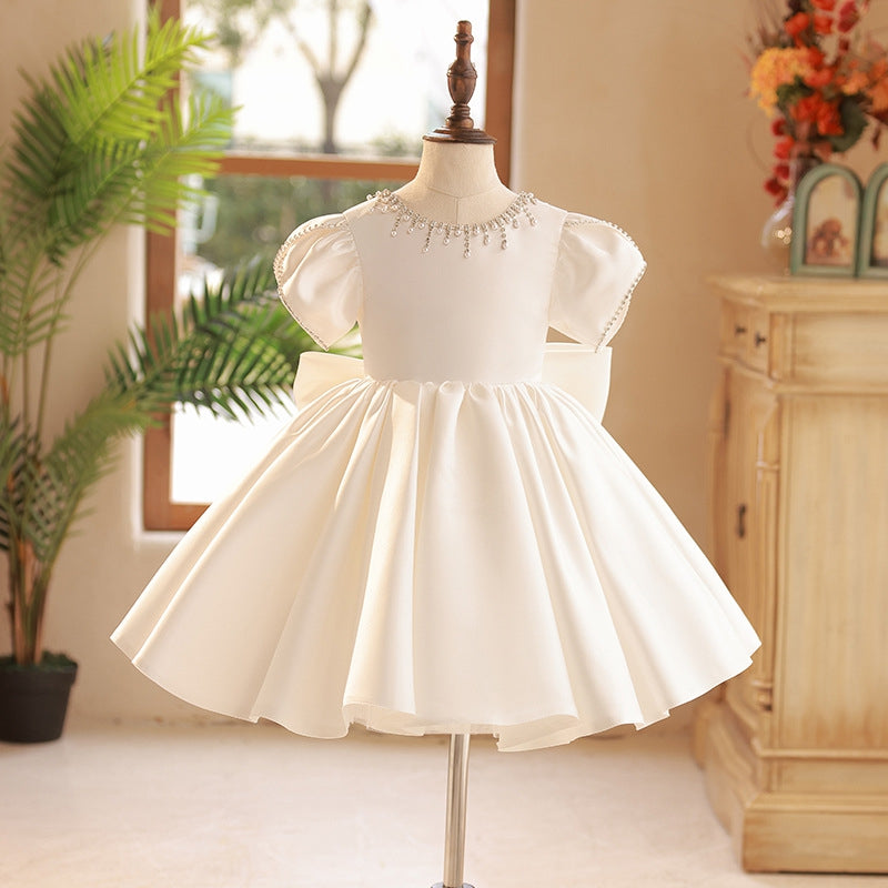 Beaded Round Neck Short Sleeves Knee-Length Baby Girl Party Dress with Bow White