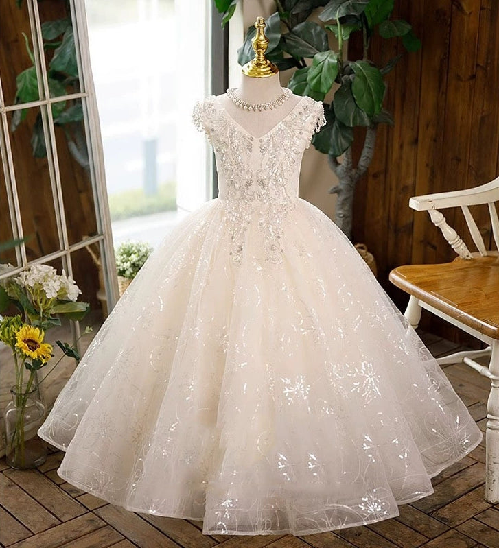 Ball Gown Sleeveless Lace Flower Girl Dresses with Rhinestone Appliques Champagne