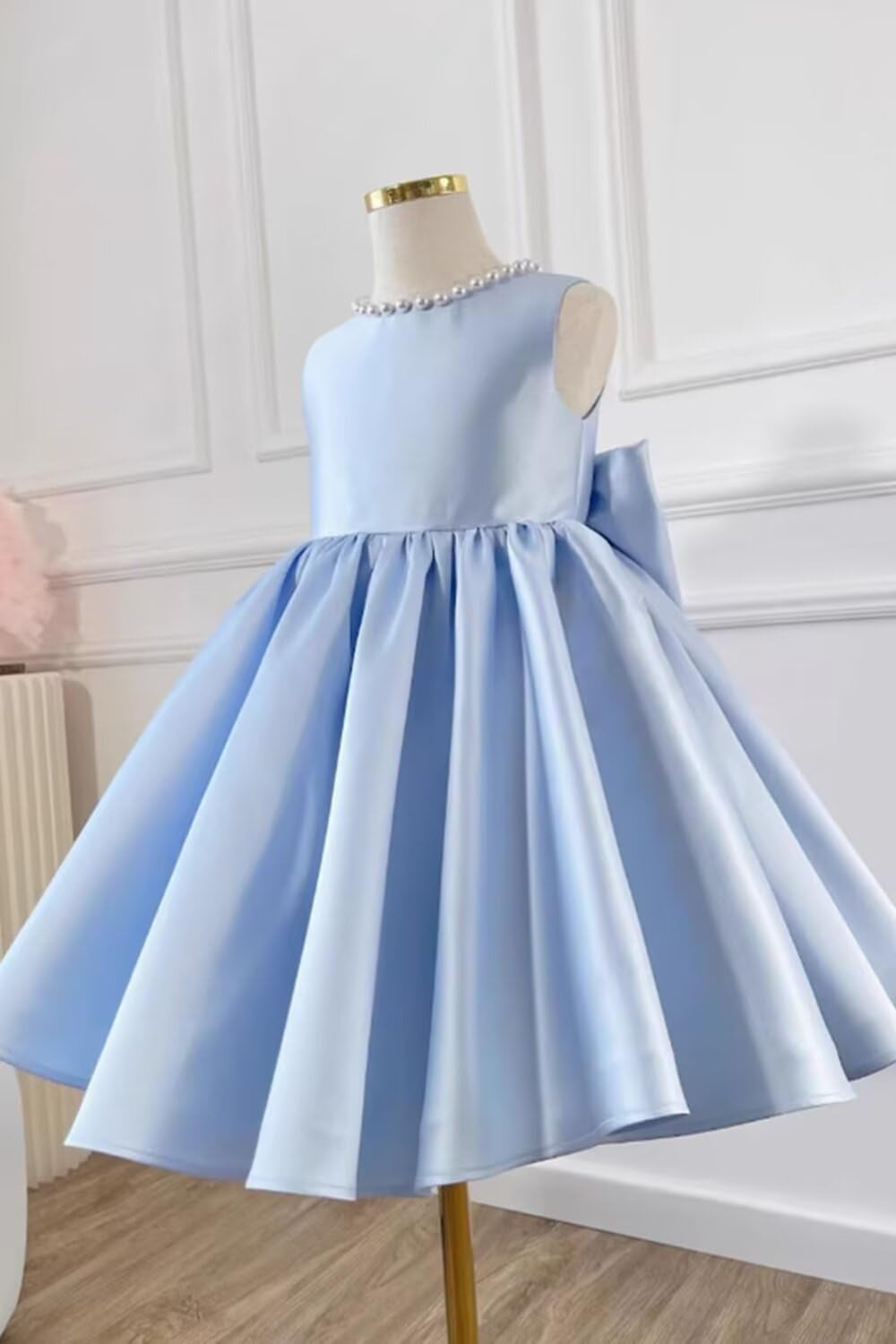 Beading V-Neck Back Sleeveless Floor Length Flower Girl Party Dress with Bow Baby Blue