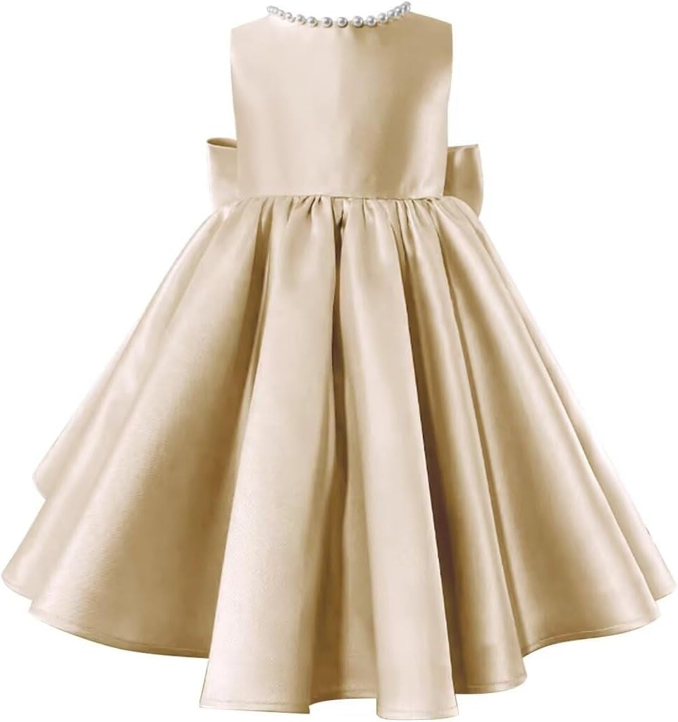Beading V-Neck Back Sleeveless Floor Length Flower Girl Party Dress with Bow Champagne