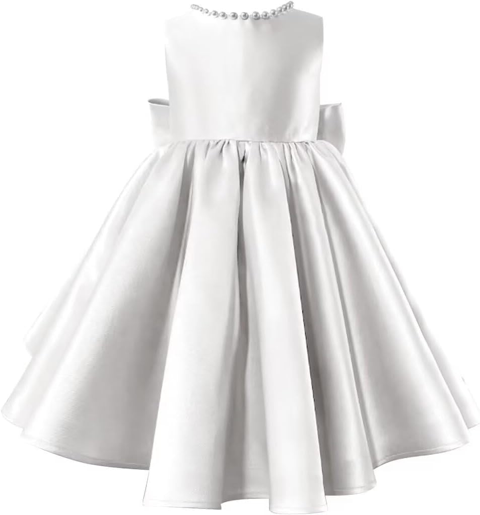 Beading V-Neck Back Sleeveless Floor Length Flower Girl Party Dress with Bow White