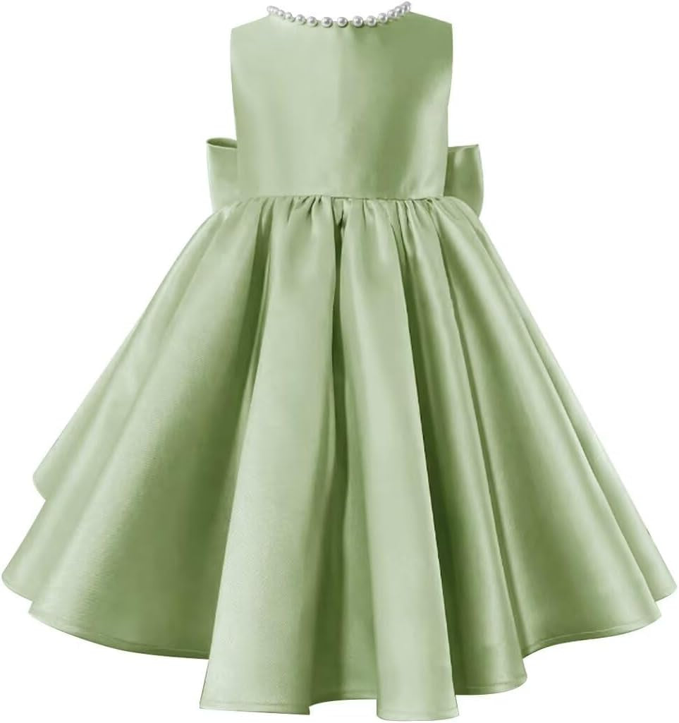 Beading V-Neck Back Sleeveless Floor Length Flower Girl Party Dress with Bow Sage Green