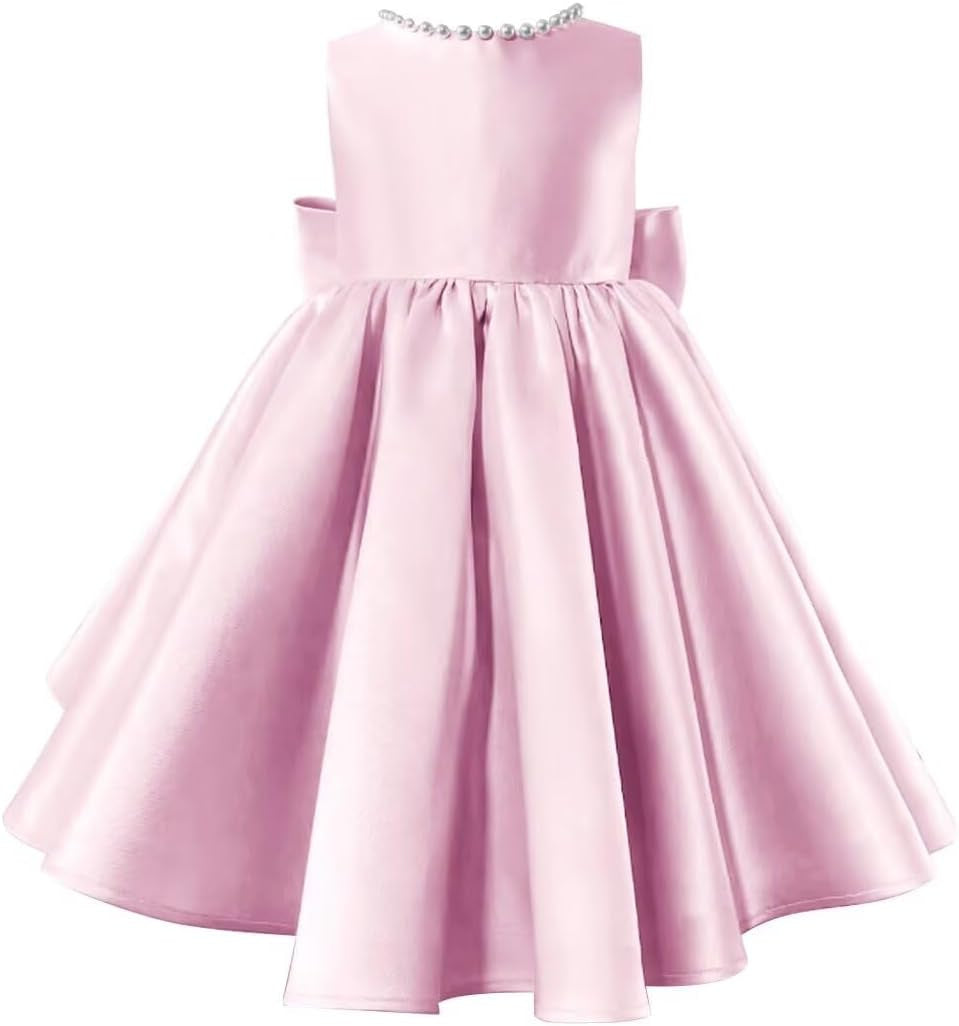 Beading V-Neck Back Sleeveless Floor Length Flower Girl Party Dress with Bow Pink
