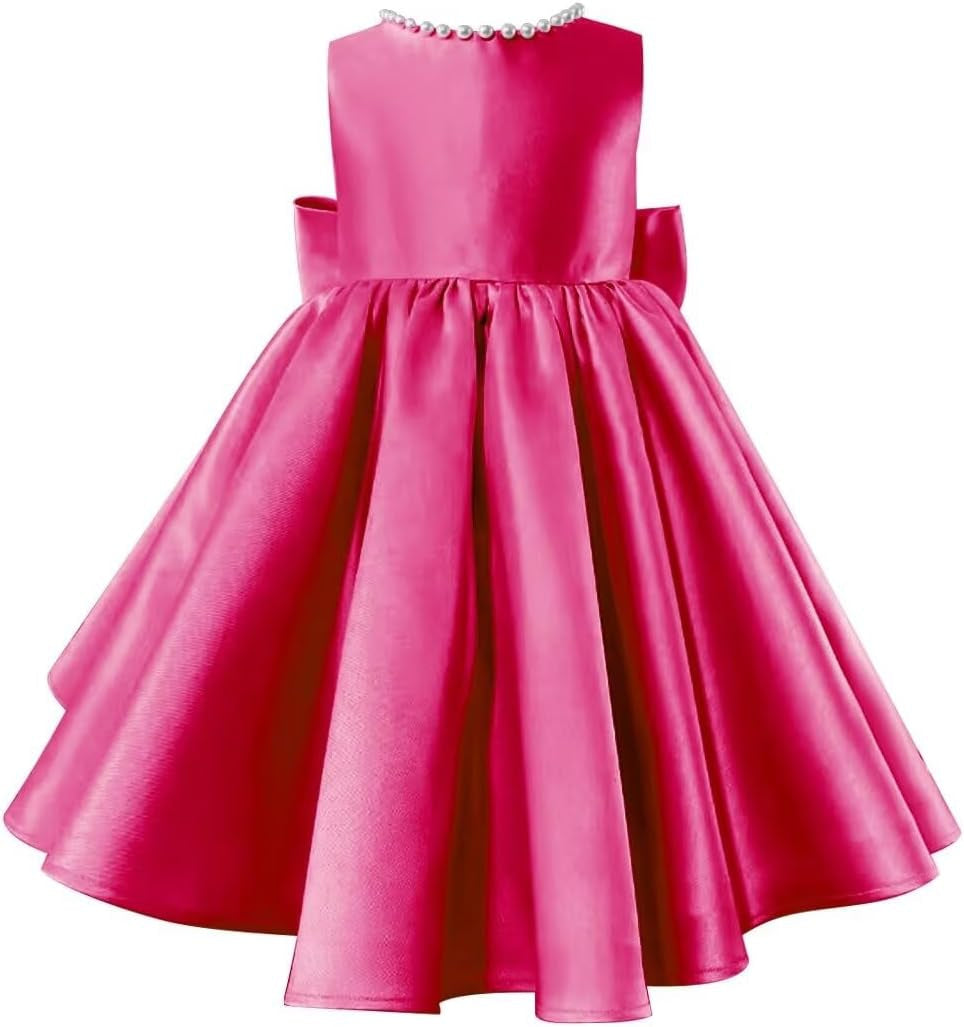Beading V-Neck Back Sleeveless Floor Length Flower Girl Party Dress with Bow Hot Pink