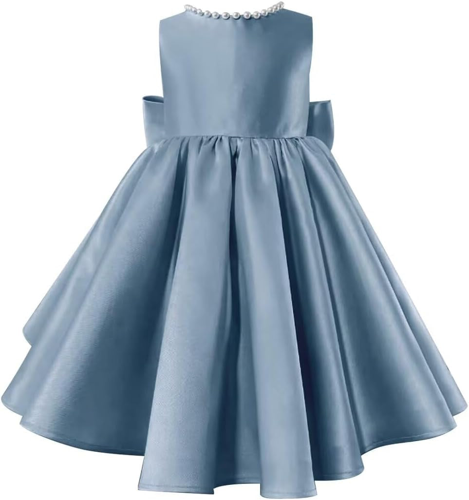 Beading V-Neck Back Sleeveless Floor Length Flower Girl Party Dress with Bow Dusty Blue