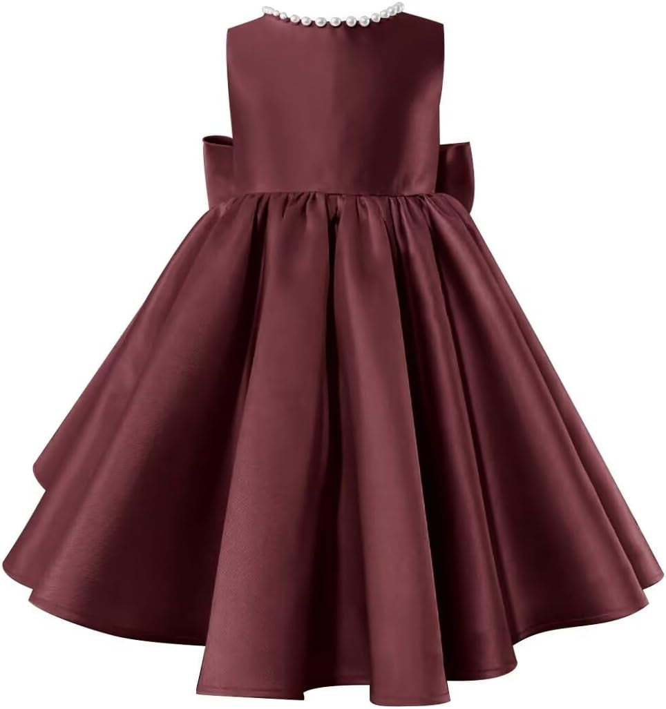 Beading V-Neck Back Sleeveless Floor Length Flower Girl Party Dress with Bow Burgundy