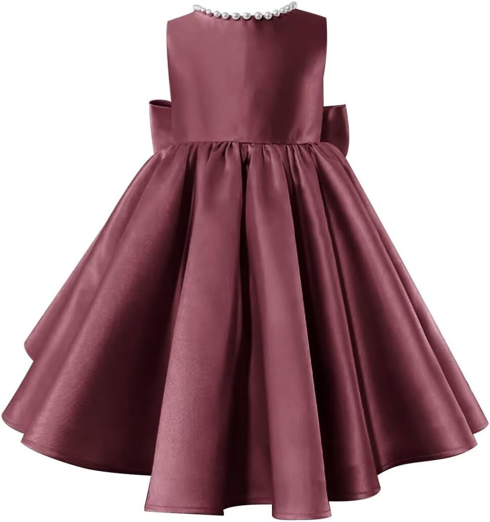 Beading V-Neck Back Sleeveless Floor Length Flower Girl Party Dress with Bow Desert Rose