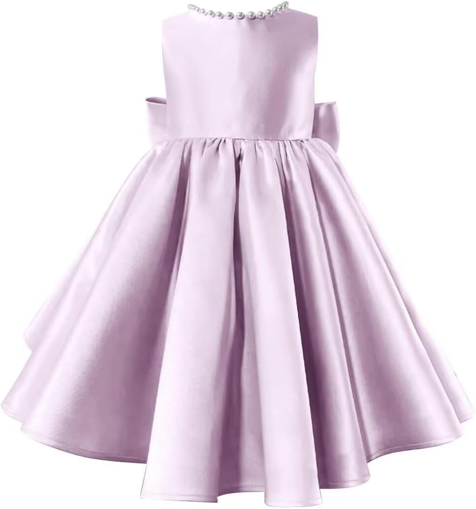 Beading V-Neck Back Sleeveless Floor Length Flower Girl Party Dress with Bow Lilac
