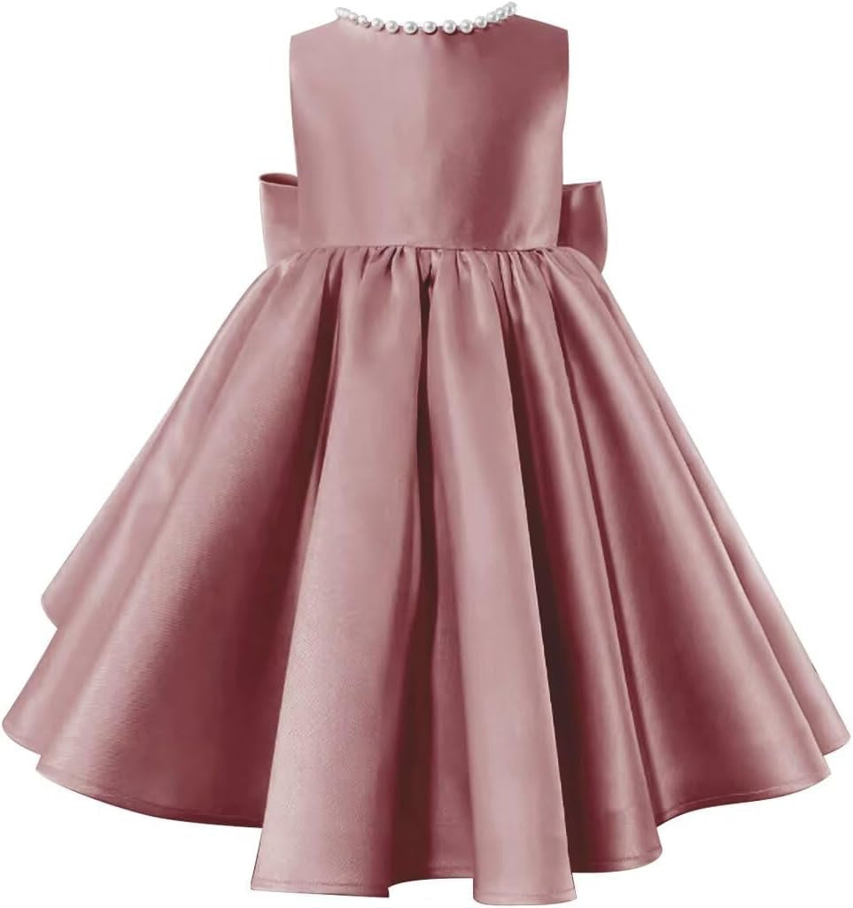 Beading V-Neck Back Sleeveless Floor Length Flower Girl Party Dress with Bow Dusty Rose