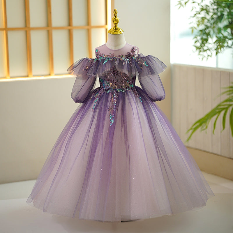 A-Line/Princess Off-the-Shoulder Flower Girl Party Dress with Rhinestone Appliques Purple